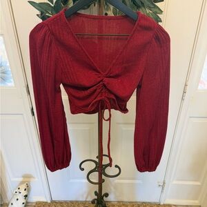 Cute Sexy Ribbed Ruched Crop Top with Long Balloon Sleeves S